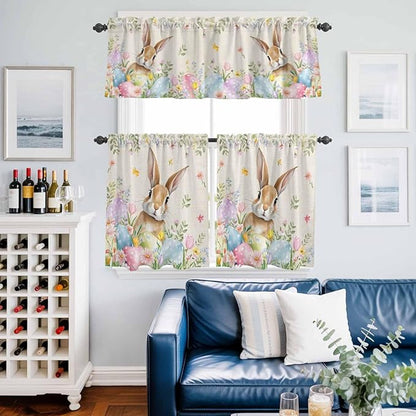 Kitchen Curtains Tiers and Valance Set of 3, Easter Light Filtering Window Curtain Set, Vintage Spring Bunny Eggs Farmhouse Floral Leaves Rod Pocket Curtain Drapes for Living Room, 24 Inches Tiers