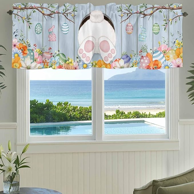 Easter Curtain Valances for Windows, Kitchen Valance Window Treatment, Spring Watercolor Bunny Eggs Flower Wood Grain Blue Light Filtering Block Curtains for Bathroom/Bedroom/Living Room 42'' x 12''