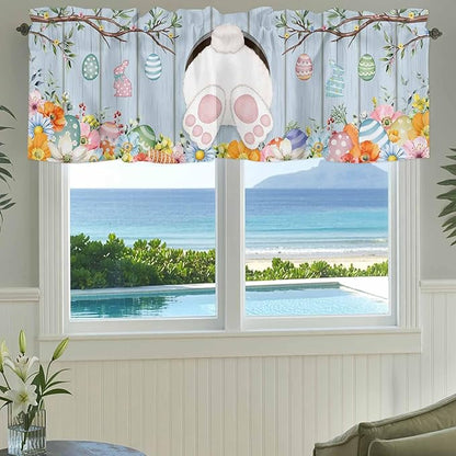 Easter Curtain Valances for Windows, Kitchen Valance Window Treatment, Spring Watercolor Bunny Eggs Flower Wood Grain Blue Light Filtering Block Curtains for Bathroom/Bedroom/Living Room 60'' x 18''
