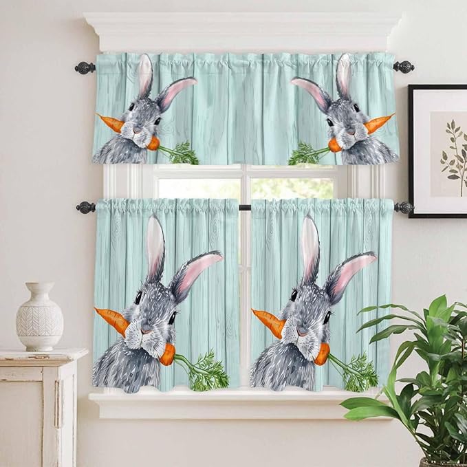 Easter Kitchen Curtain Set, Spring Rabbit Botanical Carrots Green Wooden Grain Window Valance and Tiers 24" Length, Light Filtering Short Curtains Valance for Cafe Bathroom Bedroom 54"x18"