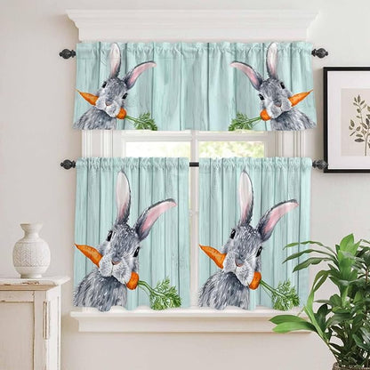 Easter Kitchen Curtain Set, Spring Rabbit Botanical Carrots Green Wooden Grain Window Valance and Tiers 24" Length, Light Filtering Short Curtains Valance for Cafe Bathroom Bedroom 54"x18"