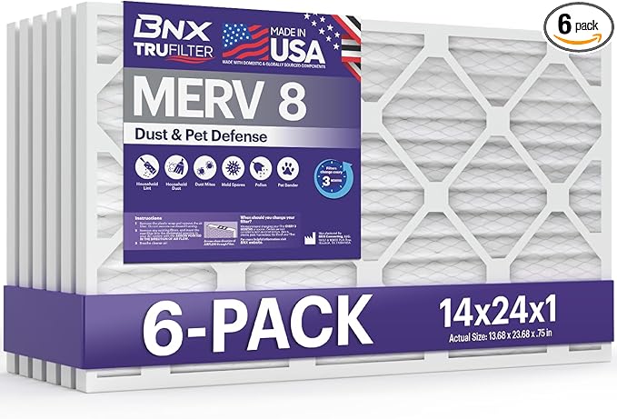 BNX TruFilter 14x24x1 Air Filter MERV 8 (6-Pack) - MADE IN USA – Dust & Pet Defense Air Conditioner HVAC AC Furnace Filters for Dust, Pet, Mold, Pollen MPR 600 – 700 & FPR 5