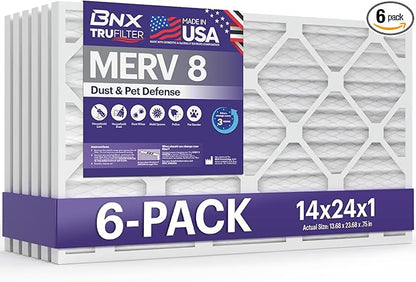 BNX TruFilter 14x24x1 Air Filter MERV 8 (6-Pack) - MADE IN USA – Dust & Pet Defense Air Conditioner HVAC AC Furnace Filters for Dust, Pet, Mold, Pollen MPR 600 – 700 & FPR 5