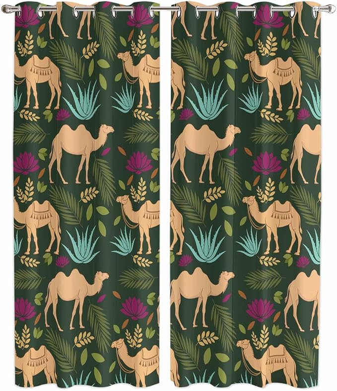 2 Panel Kitchen Cafe Curtains, Retro Desert Camel Sunlight Filtering Nature Air Through, Window Decor Tier Curtains for Living Room 104W x 90L inch Tropical Animal Aloe Vera Leaves Dark Green