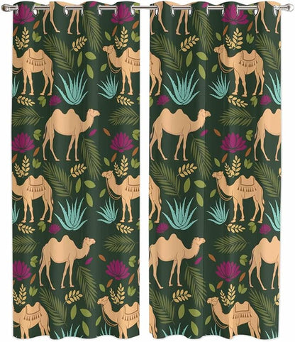 2 Panel Kitchen Cafe Curtains, Retro Desert Camel Sunlight Filtering Nature Air Through, Window Decor Tier Curtains for Living Room 104W x 90L inch Tropical Animal Aloe Vera Leaves Dark Green