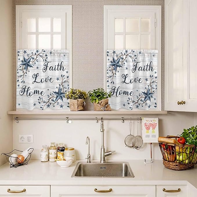 Farmhouse Kitchen Curtains Set 3 Piece for Windows,Rod Pocket Valance and Tier Set 36 Inch Length,Blue Country Texas Star Vintage Berries Wooden Light Filtering Cafe Curtains for Living Room