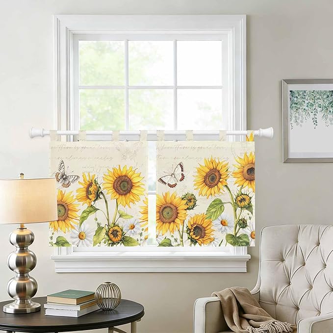 Farm Sunflowers Kitchen Curtains 36 Inch Length, Small Window Curtains Tab Top, Retro Flowers Butterfly Botanical Beige Light Filtering Short Window Treatments Tier Drapes 27.5"x36" 2 Panel