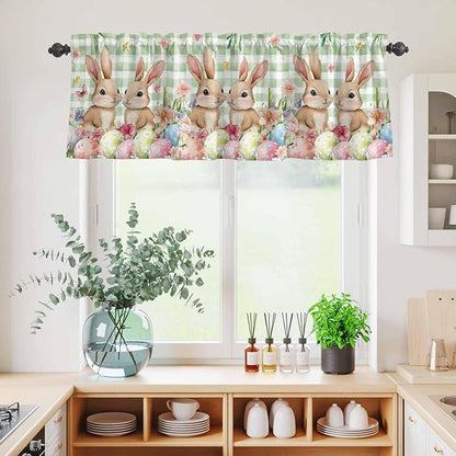Easter Kitchen Curtains Set 3 Piece for Windows, Rod Pocket Valance and Tier Set 24 Inch Length, Spring Rabbit Eggs Flower Butterfly Green Plaid Light Filtering Cafe Curtains for Living Room Bathroom