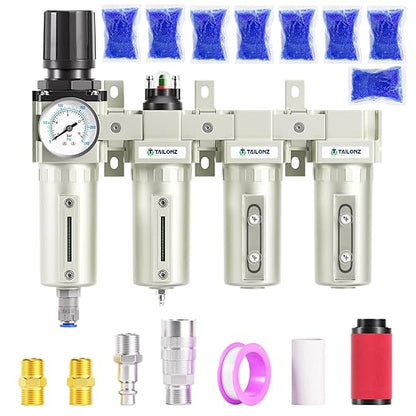 TAILONZ PNEUMATIC 0-240PSI 3/4 Inch NPT Industrial Grade 4 Stage Air Drying System,Particulate Filter,Double Desiccant Dryer,5 Micron Filter and 0.01 Micron Filter(Automatic Drainage)