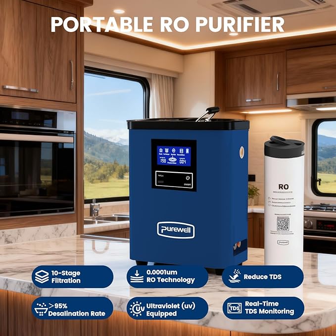 Purewell® K8680 RO Water Purifier System,10-Stage RV Portable Water Filtration Survival with UV,Desalination Rate Reaches 95%,Survival Gear Purification for Drinking,Team Camping，Travel(Blue)