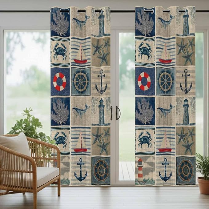 Oceans Outdoor Curtains for Patio Shell Starfish Whales Summer Vintage Waterproof Outside Curtains with Grommet Top Weatherproof Curtain for Cabana Pergola Gazebo, 1 Panel, 54" W x 95" L
