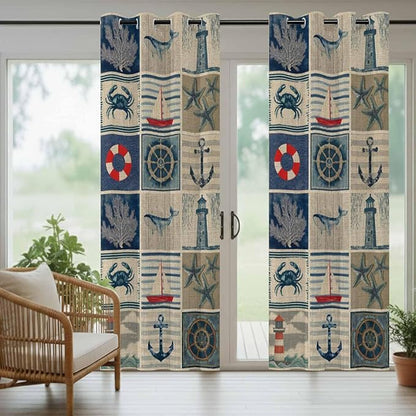 Oceans Outdoor Curtains for Patio Shell Starfish Whales Summer Vintage Waterproof Outside Curtains with Grommet Top Weatherproof Curtain for Cabana Pergola Gazebo, 1 Panel, 54" W x 95" L