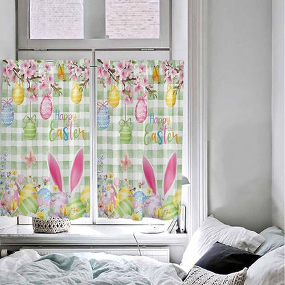 Happy Easter Tier Curtains 45 Inches Long, Spring Bunny Eggs Flower Sage Green Plaid Window Treatment Curtain Drapes, Window Half Privacy Curtains for Bedroom Bathroom, 42"x45", 2 Panels