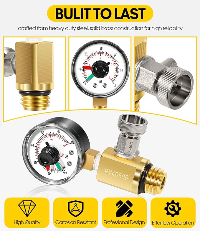 98209800 High Flow Manual Relief Valve/Air Relief Manual Valve Assembly with Pressure Gauge, Replacement for Pool and Spa Filter (RV40600 (98209800 Brass))