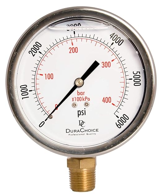 4" Oil Filled Pressure Gauge - Stainless Steel Case, Brass, 1/2" NPT, Lower Mount Connection, 0-6,000PSI