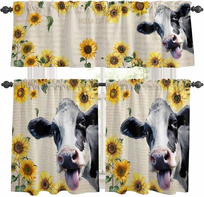 Kitchen Curtains Tiers and Valance Set of 3, Cow Sunflowers Light Filtering Window Curtain Set, Country Vintage Animals Floral Leaves Rod Pocket Curtain Drapes for Cafe, Living Room, 24 Inches Tiers