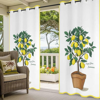 Lemons Outdoor Curtains for Patio Summer Fruit Lemon Tree Waterproof Outside Curtains with Grommet Top Weatherproof Curtain for Cabana Pergola Gazebo, 2 Pack, 54" W x 84" L