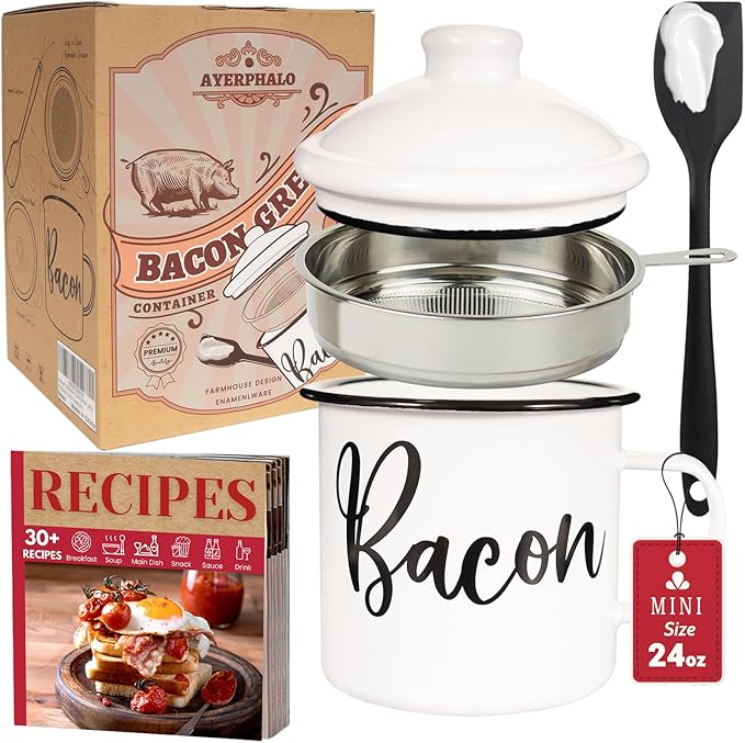 Bacon Grease Container with Strainer - With Food-Grade Silicone Spatula, 24oz Enamel Rustic Farmhouse Fat Container, Keeper, Recipes, Dishwasher Safe
