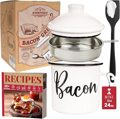 Bacon Grease Container with Strainer - With Food-Grade Silicone Spatula, 24oz Enamel Rustic Farmhouse Fat Container, Keeper, Recipes, Dishwasher Safe