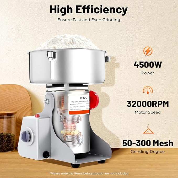Electric Grain Mill, 2500g Capacity High-speed Grain Mill Grinder, Food-grade Stainless Steel Cereals Corn Flour Pulverizer Powder Machine for Dry Spice Herbs Grains Coffee Rice Pepper