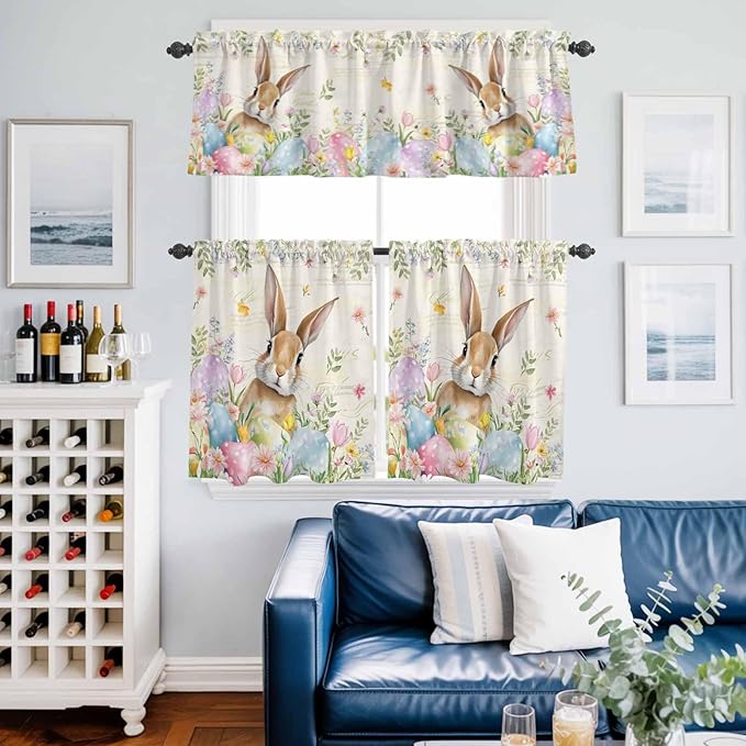 Kitchen Curtains Tiers and Valance Set of 3, Easter Light Filtering Window Curtain Set, Pastoral Spring Bunny Eggs Botanical Flowers Leaf Rod Pocket Curtain Drapes for Living Room, 36 Inches Tiers