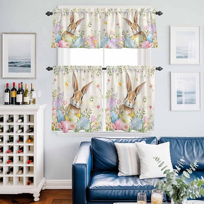 Kitchen Curtains Tiers and Valance Set of 3, Easter Light Filtering Window Curtain Set, Pastoral Spring Bunny Eggs Botanical Flowers Leaf Rod Pocket Curtain Drapes for Living Room, 24 Inches Tiers