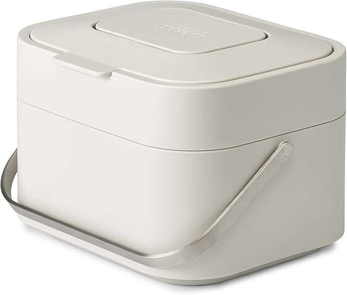 Joseph Joseph Stack Kitchen Food Intelligent Waste Compost Caddy Recycling Bin with Odor Filter, 4 Litre / 1 Gallon - Stone