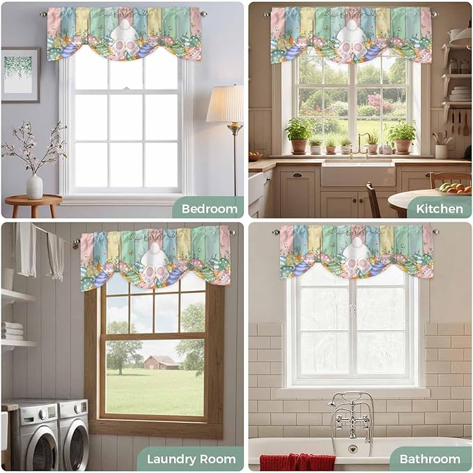 Easter Tie Up Valance Curtains for Windows, Kitchen Curtains Window Shades, Spring Rabbit Ears Foot Eggs Floral Wooden Grain Light Filtering Roman Curtain Valances for Bedroom/Bathroom/Cafe 42"x12"