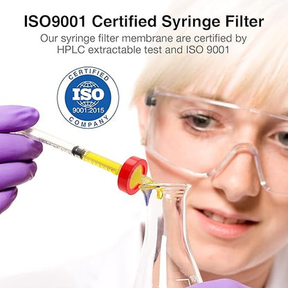 SimPure Syringe Filter PTFE 200 PCS Hydrophobic Membrane, 25mm Disc Diameter, 0.22um Pore Size, HPLC and GC Needle Filter, Non-Sterile, High Throughput Lab Filtration
