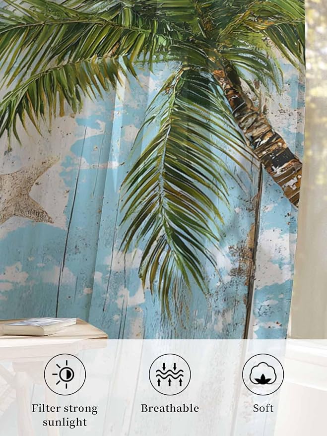Sheer Curtains 84 Inches Long, Coastal Beach Blue Semi Sheer Curtains Light Filtering Window Treatment, Tropical Coconut Tree Vintage Wood Grain Privacy Voile Drapes for Living Room Bedroom 52x84 Inch