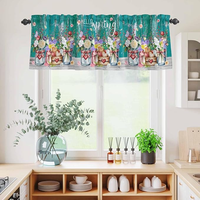 Kitchen Curtains Tiers and Valance Set of 3, Spring Flowers Light Filtering Window Curtain Set, Farmhouse Watercolor Teal Wood Grain Rod Pocket Curtain Drapes for Cafe, Living Room, 24 Inches Tiers