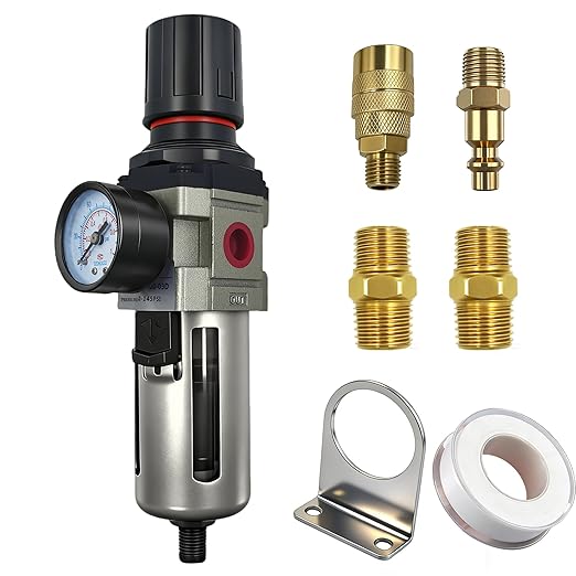 HengMinLingTong AW3000-03D 3/8" NPT Compressed Air Filter Regulator Combo Piggyback, 5 Micron Brass Element, Poly Bowl, Auto Drain, Metal Bracket, 0-150 psi Gauge