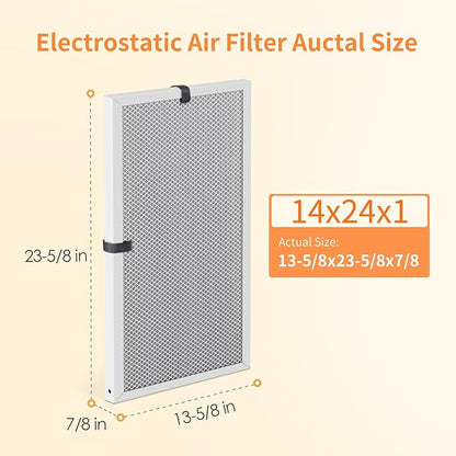 2-Pack 14x24x1 MERV 8 Reusable & Washable Electrostatic Air Filters - Long-Lasting Filter for HVAC, Furnace & Air Conditioner Units, Actual Size: 13-5/8” x 23-5/8” x 7/8”