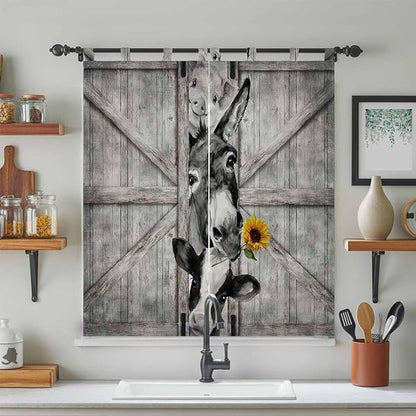 Funny Farm Animals Bathroom Curtains 63 Inch Length, Window Curtains Tab Top, Vintage Barn Grey Sunflowers Light Filtering Window Treatments Drapes 52"x63" 2 Panel