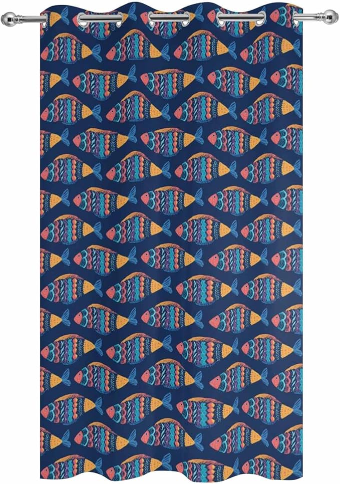 Fish Outdoor Curtains for Patio Vintage National Wind Fish Blue Waterproof Outside Curtains with Grommet Top Weatherproof Curtain for Cabana Pergola Gazebo, 1 Panel, 54" W x 108" L