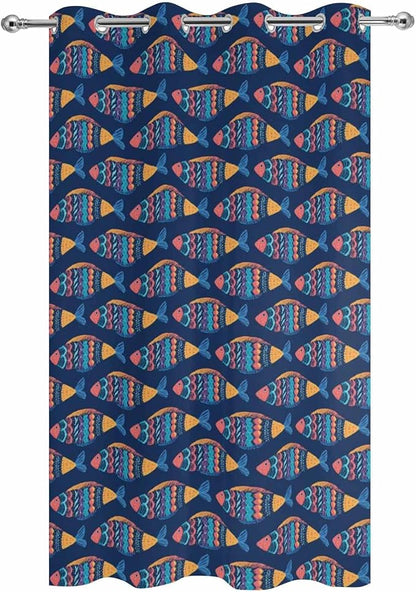 Fish Outdoor Curtains for Patio Vintage National Wind Fish Blue Waterproof Outside Curtains with Grommet Top Weatherproof Curtain for Cabana Pergola Gazebo, 1 Panel, 54" W x 108" L