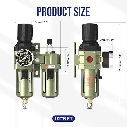 NPT 1/2 Air Regulator with Gauge,Air Compressor Water Separator with Accessories,Pneumatic Compressed Air Filter Pressure Oil Trap(AC4010-04)