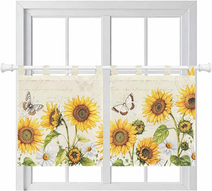 Farm Sunflowers Kitchen Curtains 36 Inch Length, Small Window Curtains Tab Top, Retro Flowers Butterfly Botanical Beige Light Filtering Short Window Treatments Tier Drapes 27.5"x36" 2 Panel