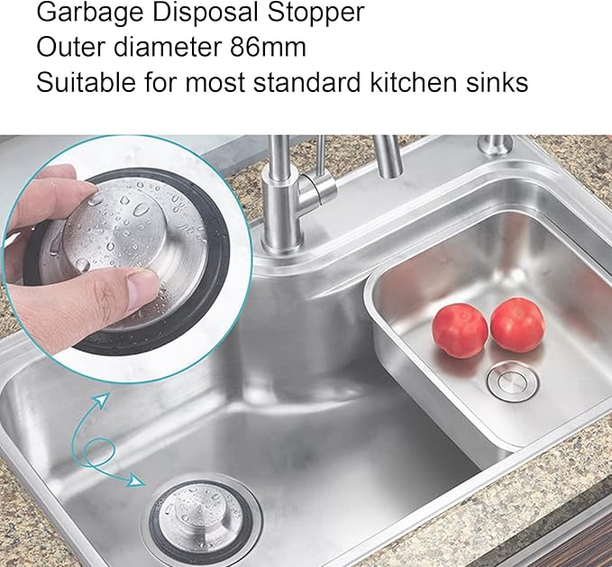 Kitchen Sink Stopper, Odorless Sink Plug Cover, Stainless Steel Garbage Disposal Stopper, Stopper for Sink Drain Filter, Fine Production Process, 86mm Outer Diameter