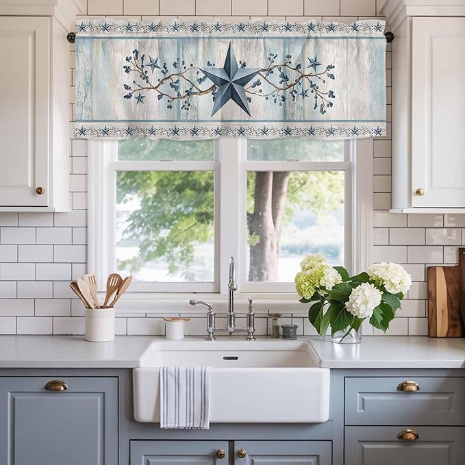 Texas Star Blue Curtain Valances for Windows, Kitchen Valance Window Treatment, Farmhouse Country Branches Wooden Grain Light Filtering Block Curtains for Bathroom/Bedroom/Living Room 42'' x 18''