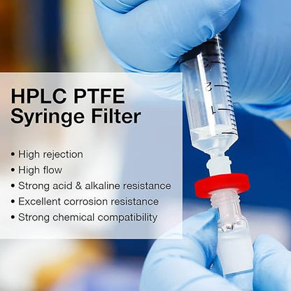 SimPure Syringe Filter PTFE 100 PCS Hydrophobic Membrane, 25mm Disc Diameter, 0.22um Pore Size, HPLC and GC Needle Filter, Non-Sterile, High Throughput Lab Filtration