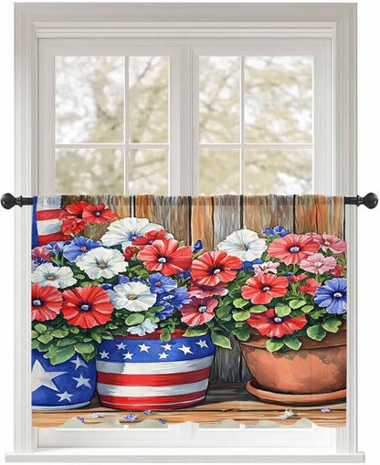 Sheer Curtains 54 Inch Length, Red Blue Flower Semi Sheer Curtains Light Filtering Window Treatment, Retro Independence Day Flag Wood Grain Privacy Voile Drapes for Living Room Bedroom 52x54 Inch