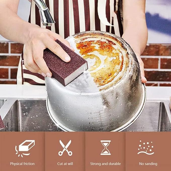 Nano Carborundum Sponge,Emery Sponge Kitchen Pot Brush with Handle,Scouring Pad Pot Scrubber,Pot Cleaner for Bottom of Pans,Wet Dry Sanding Sponges (Brown 02 * 3pcs)
