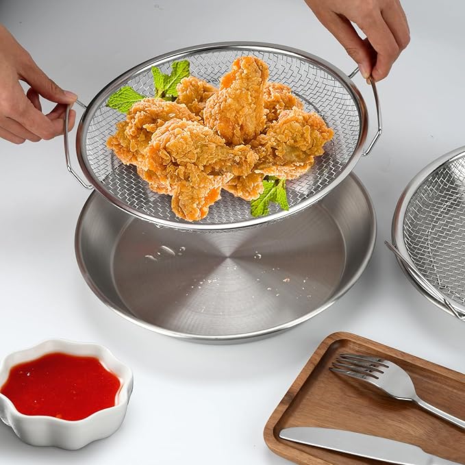 Oil Filter Tray, Stainless Steel Kitchen Oil Filter Tray with Mesh Filter Basket Colanders with Handle Air Fryer Accessories for Frying Cooking (7.87 in)
