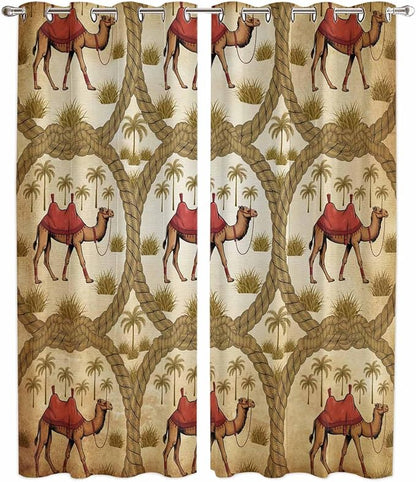 2 Panel Kitchen Cafe Curtains, Brown Desert Camels Sunlight Filtering Nature Air Through, Window Decor Tier Curtains for Living Room 104W x 96L inch Tropical Date Coconut Trees Cords Leaves
