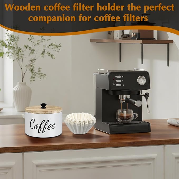 Wooden Coffee Filter Holder with Lid, Basket Coffee Filter Storage Container for Counter, Rustic Farmhouse Café Bar Decor, 50 Count Capacity (White)