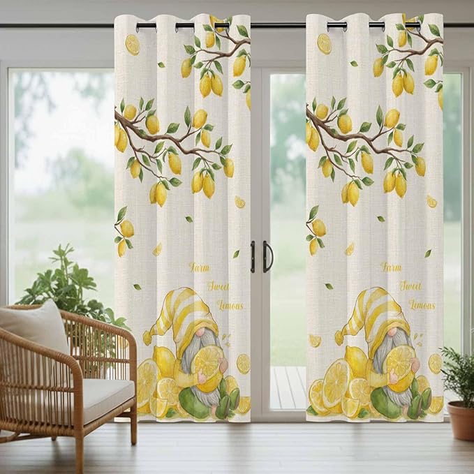 Summer Outdoor Curtains for Patio Lemon Gnome Leaf Linen Texture Waterproof Outside Curtains with Grommet Top Weatherproof Curtain for Cabana Pergola Gazebo, 1 Panel, 54" W x 95" L