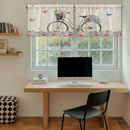 Farmhouse Spring Tier Curtains, Retro Bicycles Flowers Vines Butterfly Light Filtering Kitchen Curtains, 2Pcs Rod Pocket Half Window Treatments Panels for Sink Cafe Cabinet Camper 27.5x24 Inches