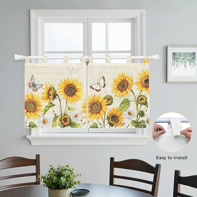 Farm Sunflowers Kitchen Curtains 36 Inch Length, Small Window Curtains Tab Top, Retro Flowers Butterfly Botanical Beige Light Filtering Short Window Treatments Tier Drapes 27.5"x36" 2 Panel