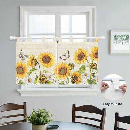 Farm Sunflowers Kitchen Curtains 36 Inch Length, Small Window Curtains Tab Top, Retro Flowers Butterfly Botanical Beige Light Filtering Short Window Treatments Tier Drapes 27.5"x36" 2 Panel